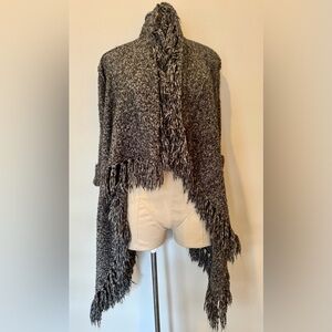 Kensie Women’s Gray Open Cardigan Boho Fringe Sweater High Low Pockets Size XS